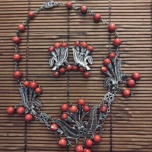 Coral & Sterling Necklace & Earrings by 
T Foree Hunsicker